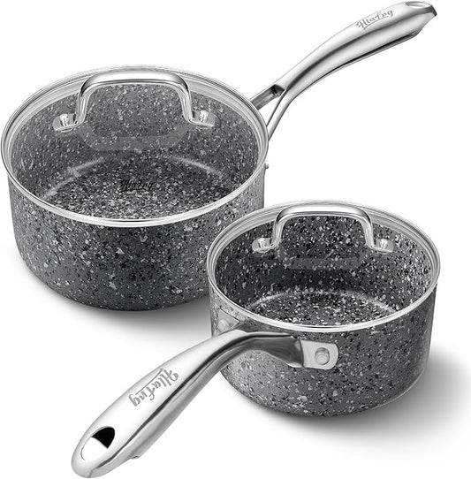 Kitchen Nonstick Saucepan Set - 1 Quart and 2 Quart Sauce Pan Set with Lid - Multipurpose Pots Set Use for Home Kitchen or Restaurant (Grey Granite)