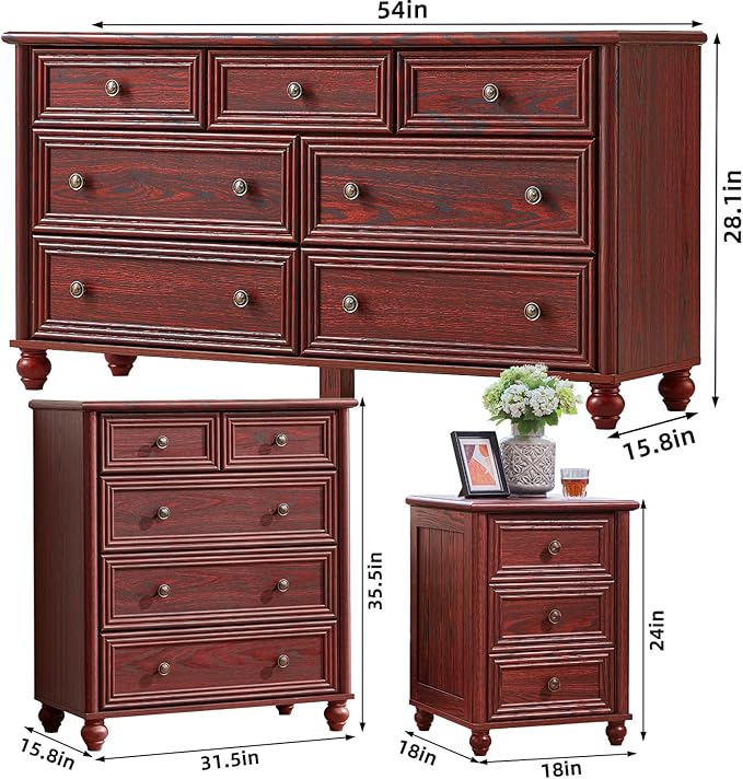Farmhouse Dressers & Night Stand Set of 3, Wood 54" Wide Dresser & 35.5"Tall Chest of Drawers, 18" Roman Column Nightstand, Bedroom Furniture 7 Drawer Dresser Set for Bedroom Home Living Room Hallway