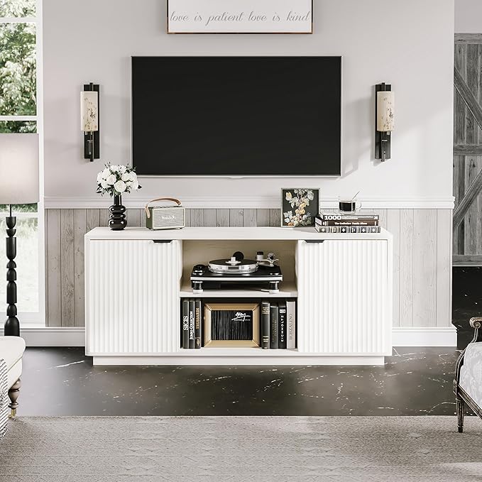 60'' Fluted TV Stand, Console Table, Mid Century Modern Curved TV Stands with Water Wave Shaped Door, Entertainment Center with Metal Handle, Living Room (Antique White Wood Grain)