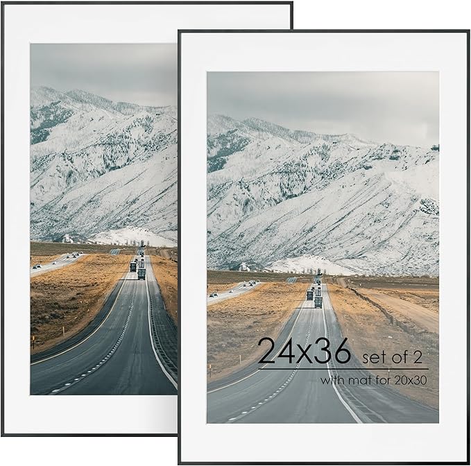 24x36 Metal Picture Frame For Wall With Mat For 20x30, 24''x36'' Aluminum Photo Frames With Tempered Glass For Home Decor, Minimalist Modern Poster Frame Horizontally Vertically Set of 2, Black