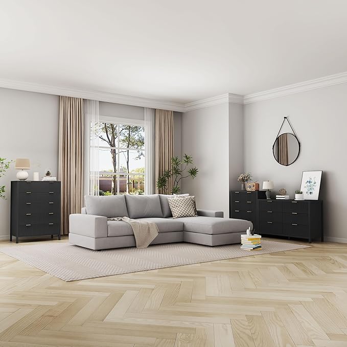 Fluted 5 Drawer Tall Dresser for Bedroom, Mid Century Modern Nightstand with Drawers, Tall Bedside Table for Closet Cloth, Living Room End Table with Storage for Dorm -Black