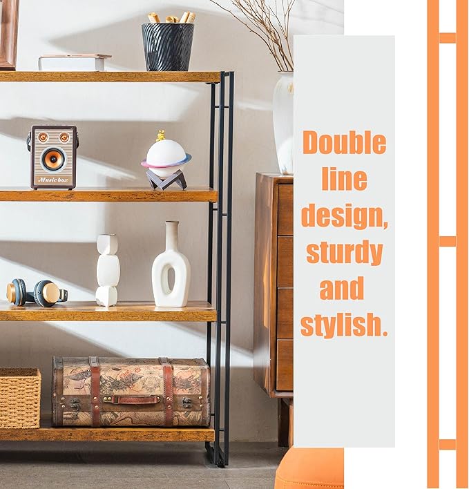 Bookshelf, 4 Tier Tall Bookcase, Industrial Book Shelf for Living Room, Home Office, Kitchen, Rustic Brown