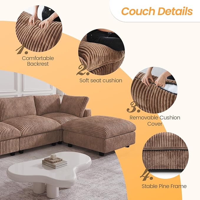 JACH 118" U Shape Modular Sofa for Living Room, Convertable Sectional Couch with Chaise Ottomans, Modern Deep Seat Sofas, Sofa Covers Washable, Minimalist Plush Couch for Living Room, Apartment, Brown