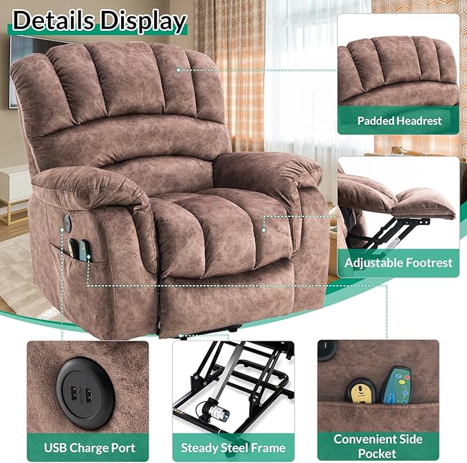 VIVIJASON Large Electric Power Lift Recliner Chair with Heat & Massage for Elderly People, Heavy Duty and Safety Motion Overstuffed Recliners with 2 Remote Controls, Side Pockets & USB Ports, Brown