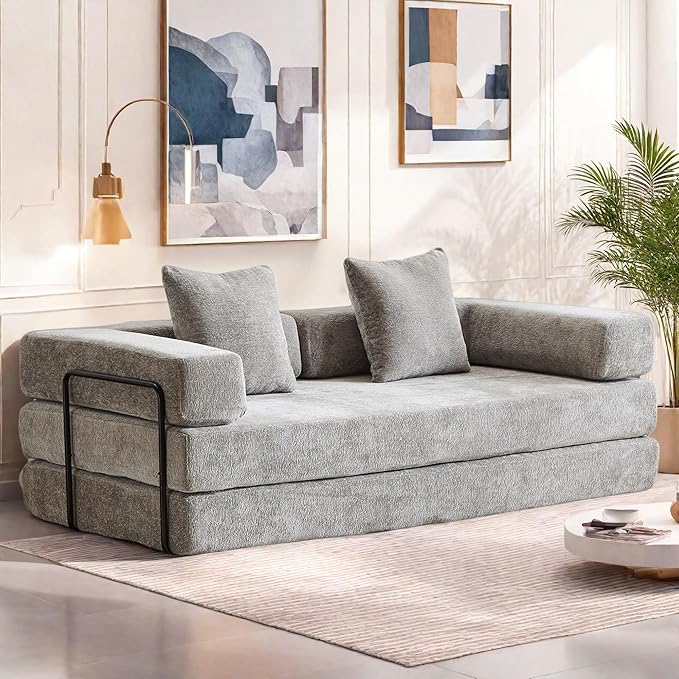 Convertible Sofa Bed, Compression Futon Sofa with Pillows & Armrest, Foldable Mattress Couch with Fixed-Shape Frame, Comfy Couch Lounge Sleeper Bed for Living Room Bedroom, Light Gray