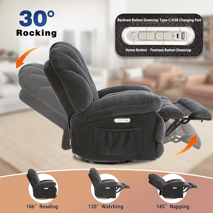 EONIX Oversized Power Swivel Rocker Recliner Chair for Living Room, Power Adjustable Backrest and Extended Footrest, USB Charging Ports, SXXY004021, Dark Grey