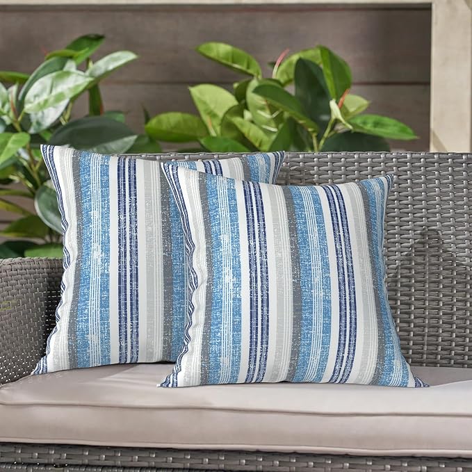 LVTXIII Outdoor Throw Pillow Covers 16 x 16 Inch, Covers ONLY Modern Cute Pattern Decorative Square Toss Pillow Case Pack of 2 for Home Patio Garden Sofa Bed Furniture, Stripe Layered Blue