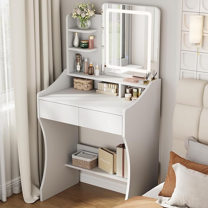 Small Vanity Desk, Makeup Vanity with Mirror and Lights, Vanity Desk with Drawer & 3 Storage Shelves, White Makeup Vanity Desk with Lights for Bedroom