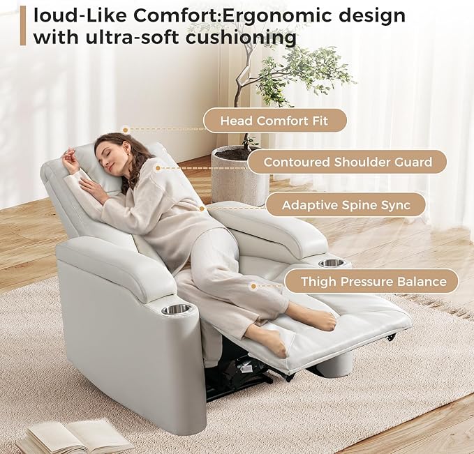 ANJ White Power Recliner Chair Electric Home Theater Seating Soft Leather Movie Chair for Living Room Overstuffed Single Reclining Sofa with Hidden Arm Storage, Cup Holders and USB Ports (Cream White)
