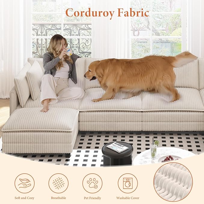 Vesgantti 143" U Shaped Sectional Modular Couch, Comfy Corduroy Upholstered Modular Cloud Sofas for Living Room, Modern Sectional Sofa with 2 Ottoman Deep Seat, Beige