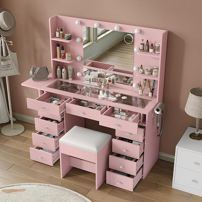 Vanity Desk with Power Outlet, Makeup Table with Mirror and 12 LED Lights, 3 Color Lighting Modes, 11 Drawers Makeup Vanity with 4 Shelves, Fold-up Panel, Vanity Set for Bedroom, Pink
