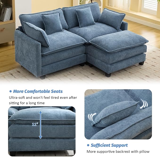 76'' Cloud Deep Seat Loveseat Sofa, Upholstered Chenille Modular 3-Seats Sectional Sofa Couch with Movable Ottoman, Modern Comfy Settee Loveseat for Living Room Set, Small Apartment, Blue