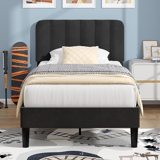 VECELO Twin Size Bed Frame with Upholstered Headboard, Velvet Platform Bedframe Mattress Foundation, Strong Wood Slat Support, No Box Spring Needed,Black