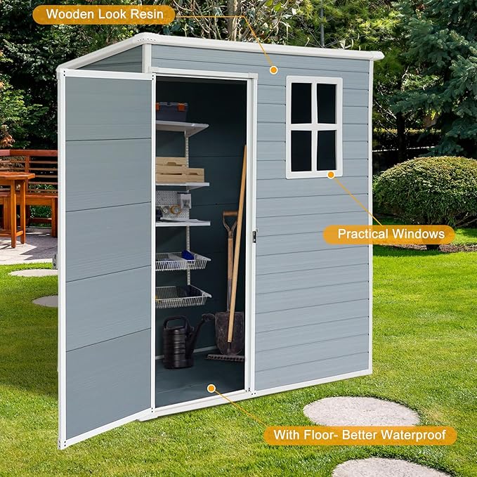 5' x 3' Resin Storage Shed Outdoor, PP Material & Strong Structure for All Weather, Plastic Garden Shed w/Window for Garden, Backyard, Poolside and Lawn, 15mm Thick PP Board - Light Grey