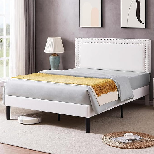 VECELO Full Size Bed Frame with Adjustable Upholstered Headboard, Wooden Slats Platform, Noise-Free Design, No Box Spring Needed, Easy Assembly