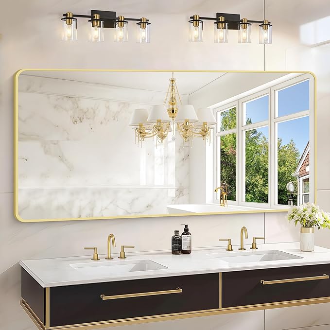 30"x60" Gold Bathroom Mirror, Large Rectangle Mirror, Rectangular Wall Mirror, Rounded Corner Vanity Mirror with Aluminum Metal Frame for Bathroom Bedroom Living Room