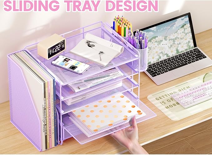 Desk Organizers and Accessories with File Holder, 5-Tier Office Desk Accessories & Workspace Desktop Organizer with Drawer and 2 Pen Holder, File Paper Organizer for Office Supplies(Purple)