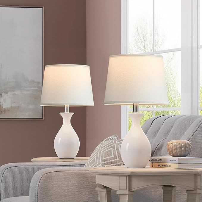 PARTPHONER Table Lamp Set of 2, Modern Ceramic Bedside Lamps for Night Stands, Classic Small Lamp Nightstand Lamp for Bedroom Living Room Desk End Table Rocker Swtich White