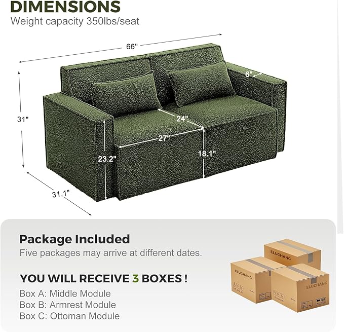 ELUCHANG Oversized Loveseat Sofa,Modern Boucle Sectional Sleeper Sofa with Strong Wood Frame,High Supportive & Soft Sponges Comfy Upholstered Couch Deep Seat Couch for Living Room Apartment Green