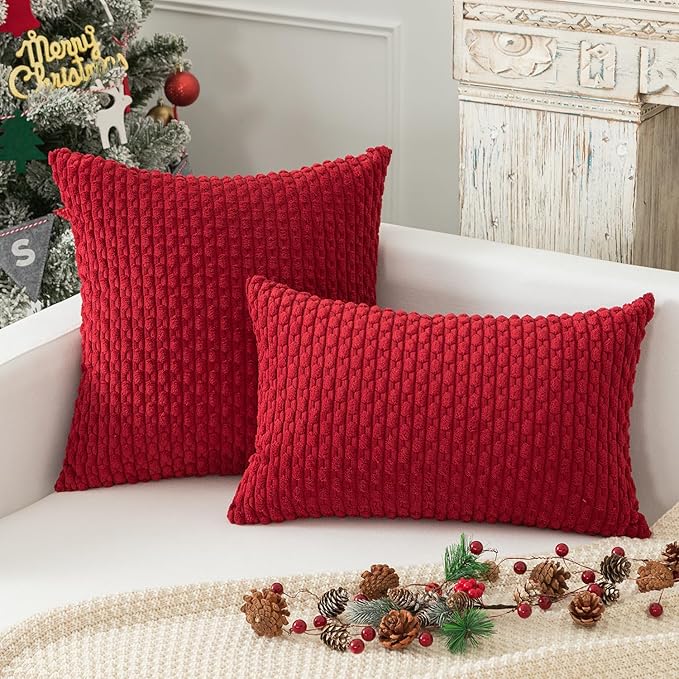 Kevin Textile Set of 2 Soft Striped Velvet Decorative Pillows Covers 16x16 Inch Christmas Boho Cushion Covers for Couch 40x40cm Burgundy