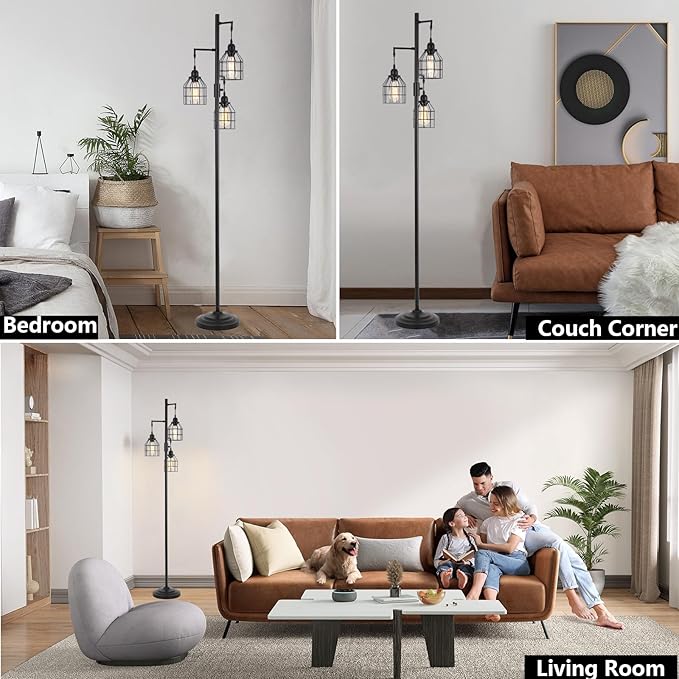 9MMML Floor Lamp for Living Room, Farmhouse Industrial Dimmable Floor lamp,3 Lights Metal Cage Tree Standing Lamp,68", 3Pcs Led Bulbs Included