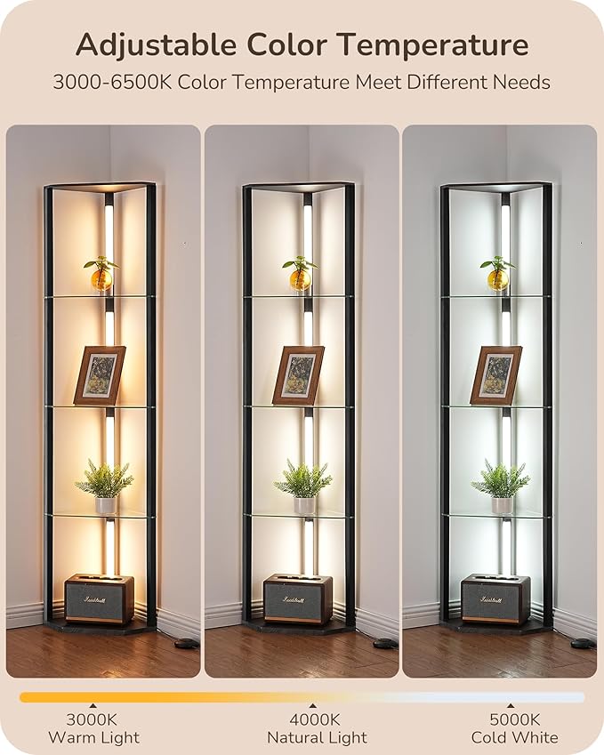 EDISHINE Modern Floor Lamp with Shelf, 5 Color Temperatures, 5-Tier Book Shelf with Light & Remote, Sturdy Floor Lamp for Living Room, Bedroom, Black