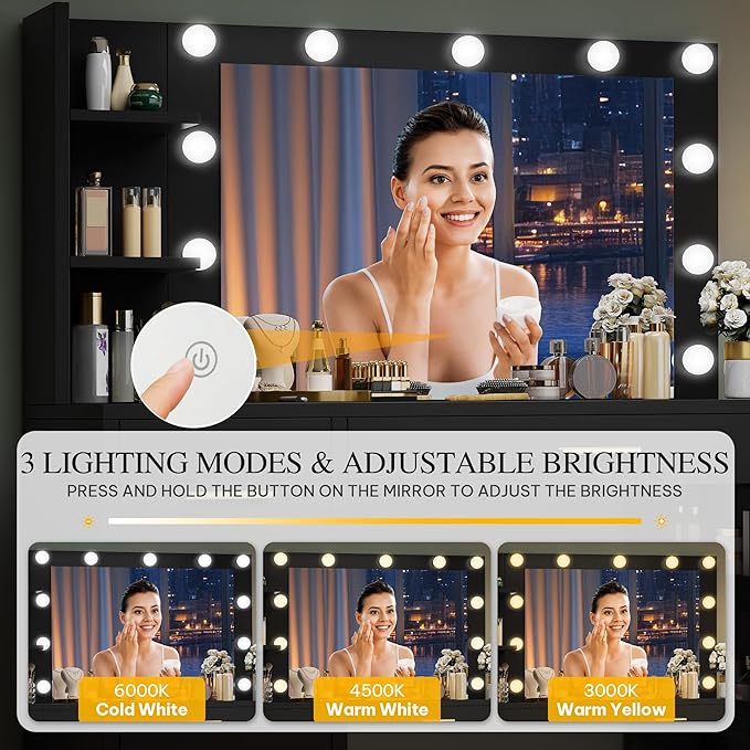 DWVO Makeup Vanity Desk with Mirror & Lights, 40inch Vanity Table with Power Outlets, 4 Drawers & 6 Open Storage Shelves, 3 Color Modes & Adjustable Brightness Dressing Table for Bedroom, Black