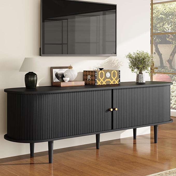 70" Mid-Century Modern TV Stand with Tambour Door, TV Console with Solid Wood Legs for TVs up to 80", Fluted Entertainment Center with Storage for Living Room, Black