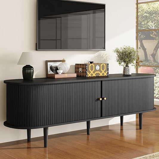 70" Mid-Century Modern TV Stand with Tambour Door, TV Console with Solid Wood Legs for TVs up to 80", Fluted Entertainment Center with Storage for Living Room, Black