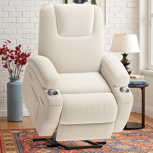 Power Lift Recliner Chair with Massage Electric Lift Chair for Elderly, Ergonomic Recliner with Cup Holders & Side Pockets, Modern Single Sofa for Living Room (Corduroy, White)