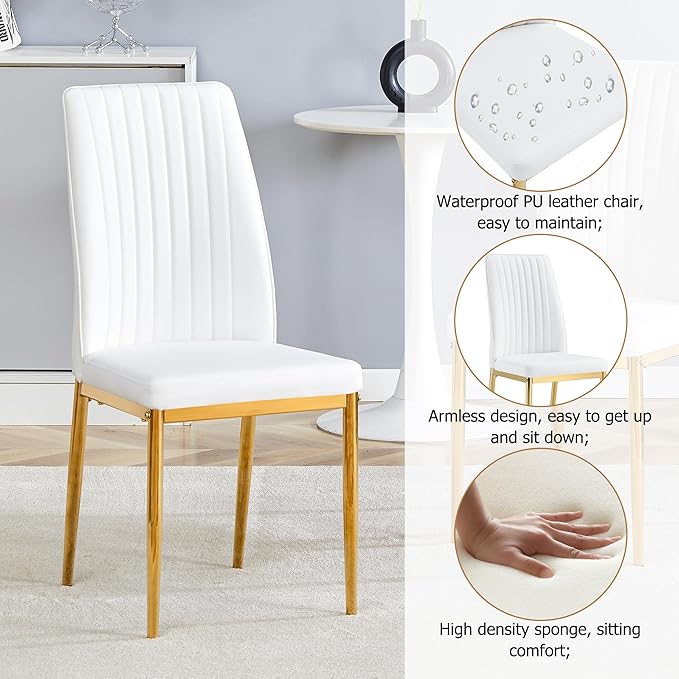 62" Marble Dining Room Table Set for 4 Rectangle Modern Dinner Table with Sintered Stone Top Golden Metal Legs Kitchen Table Chair Set for Dining Room (62" Golden+4White Chairs)
