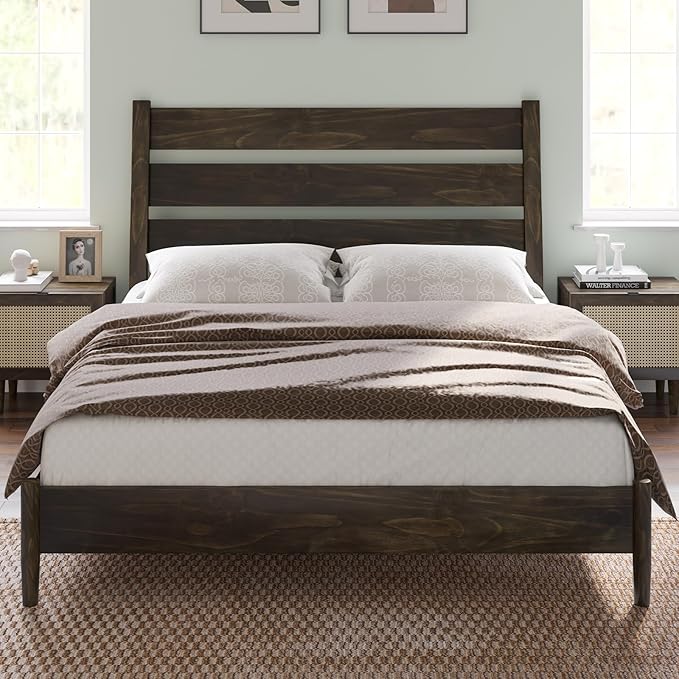 AMERLIFE Solid Wood Bed Frame Full Size, Mid Century Platform Beds with Reclining Slatted Headboard, Wood Slat Support/No Box Spring Needed/Noise Free, Dark Brown