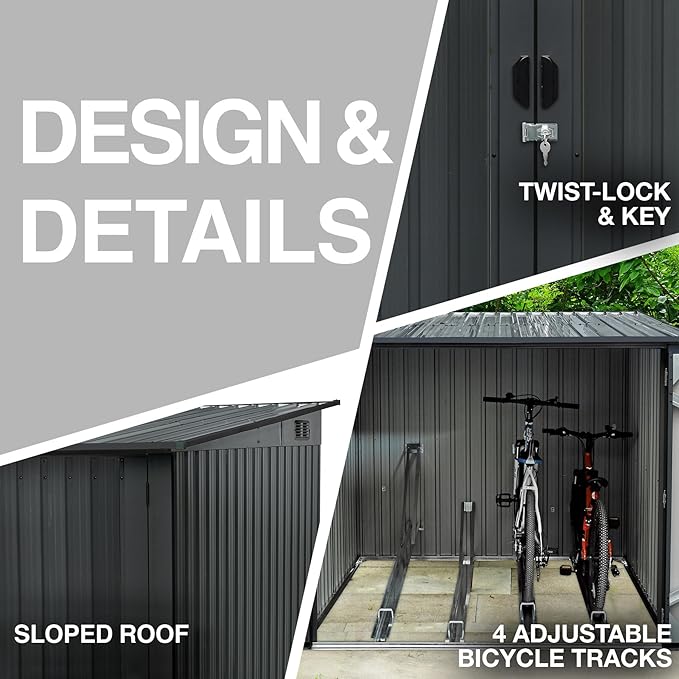 Hanover Bicycle Outdoor Steel Storage Shed with Slope Roof and Twist Lock and Key, Stores 4 Bikes, Dark Gray Outside Storage Shed House, Rust Resistant and Modern Shed with Adjustable Bike Tracks