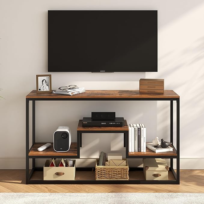 TV Stand for TVs up to 65 Inch, TV Console Table with 3-Tier Open Storage Shelves, Modern Industrial Entertainment Center for Living Room, Bedroom, Rustic Brown