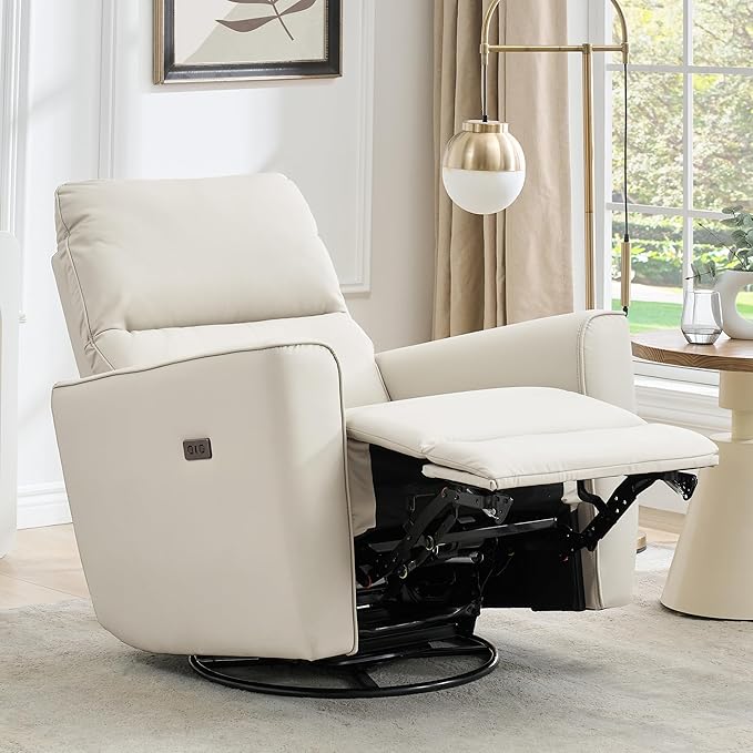 GarveeHome Power Recliner Chair Swivel Glider Upholstered Faux Leather Nursery Rocker Reclining Sofa Chair with Charging Port, Curved Armrests & Padded Backrest (Beige)