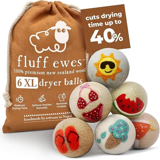 Fluff Ewes Wool Dryer Balls 6 Pack Premium New Zealand Wool Laundry Balls for Dryer, No Static Dryer Balls Laundry Reusable, XL Wool Dryer Balls Cute, Baby Dryer Balls for Dryers - Fun in The Sun