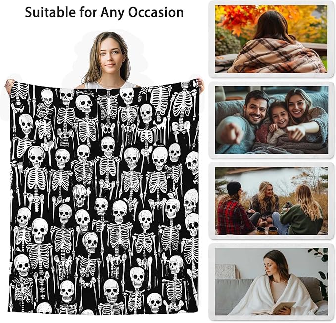 Skull Skeleton Blanket Throw, Lightweight Fleece Printed Throw Blanket, Skull Gifts for Women and Men, Home Decor, 50x60 Inches