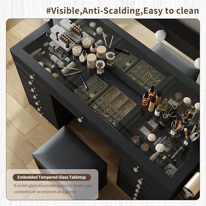 55" W Vanity Desk, Makeup Vanity with Charging Station, 15 Drawers with Lighted Mirror, 3 Lighting Modes, Brightness Adjustable, Glass Top, Vanity Table with Chair for Bedroom, Black