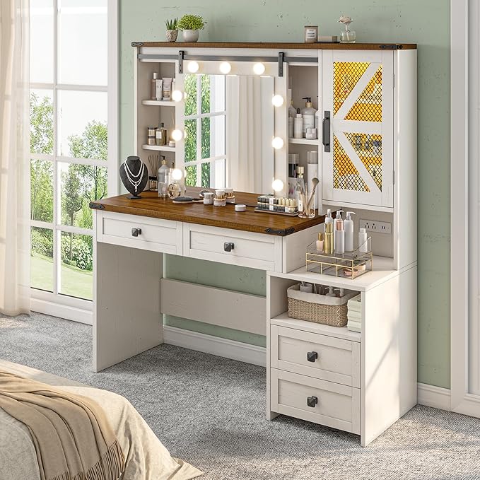 EnHomee 47.2" Farmhouse Makeup Vanity Desk with Sliding HD Mirror and Lights, White Vanity Table with 4 Drawers & RGB Cabinets, Modern Lighted Vanity Table for Bedroom, Antique White