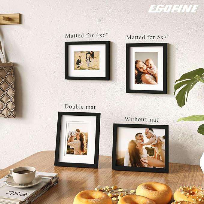 Egofine 8x10 Picture Frame Made of Solid Wood Covered by Plexiglass, for Pictures 4x6 or 5x7 with Mat or 8x10 Without Mat, Table Top Display and Wall Display Photo Frame, Black