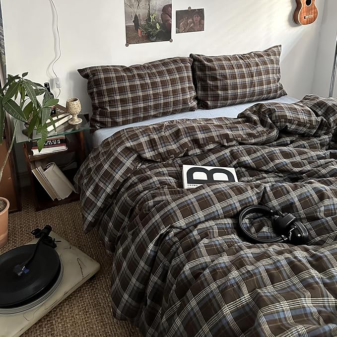 mixinni Vintage Blue & Brown Buffalo Plaid Comforter Set Queen Size - 3-Piece Washed Cotton Soft Geometric Checkered Pattern Bedding Set for All-Seasons Lightweight & Breathable-Queen Size