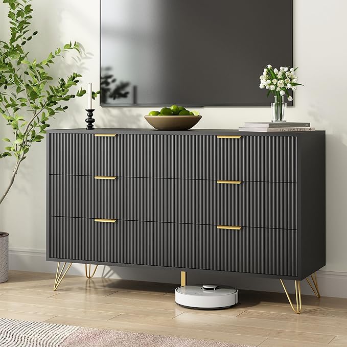 Black Dresser for Bedroom, 6 Drawers Wood Dresser with Golden Handle, Modern Wood Chest for Living Room, Hallway, Entryway