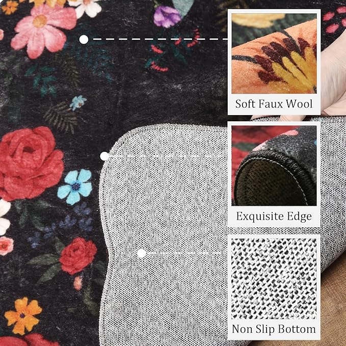 Floral Washable Area Rug 3'x5' Non Slip Boho Vintage Low Pile Soft Carpet for Living Room, Dining Room, Bedroom High Traffic Areas Indoor Rug for Bathroom, Entryway Decor (Black