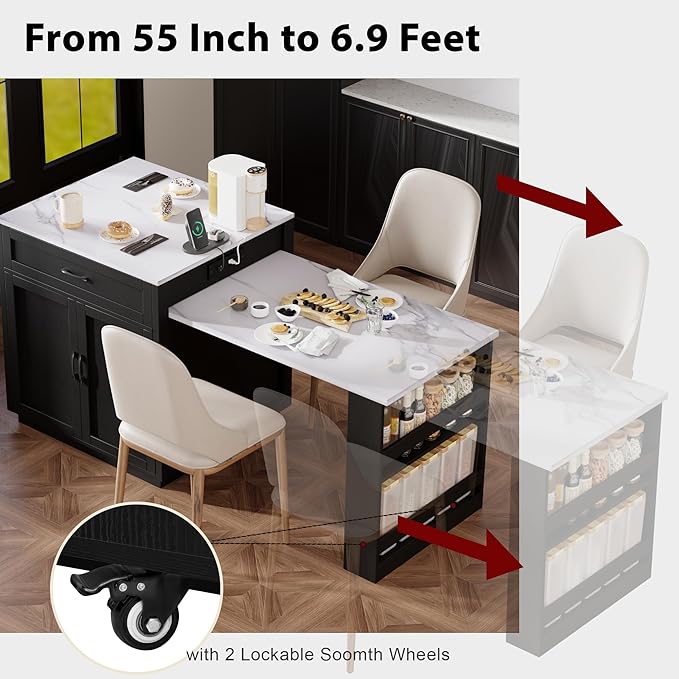 RUNNA Kitchen Island with Extendable Dining Table for 4-6 Person,Two-Tone Kitchen Table,Power Outlet Storage 2 Drawers 2 Side Open Shelves(Black~010)
