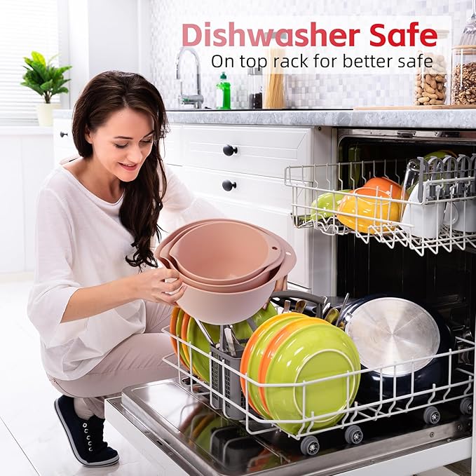 3 Mixing Bowls Set with Lids,Pour Spout and TPR Bottom, Plastic Nesting Bowl Use for Kitchen Cooking-Prep,Serving,Baking Bread Cake,Pancake,Waffle,Non-slip,Dishwasher Safe,3Qt,2Qt,1.5Qt,Pink