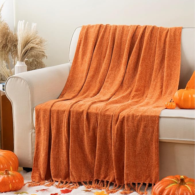 BATTILO HOME Burnt Orange Throw Blanket for Couch, Decorative Fringe Velvety Orange Throw Blanket for Bed, Fall Decor Blankets & Throws, 50"x60"
