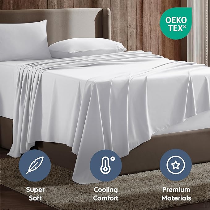 Nestl Short Queen Sheet Set - 1800 Ultra-Soft Microfiber - Double Brushed - Deep Pockets - Easy Fit - 4 Piece Set - Bed Sheets (Short Queen, White)