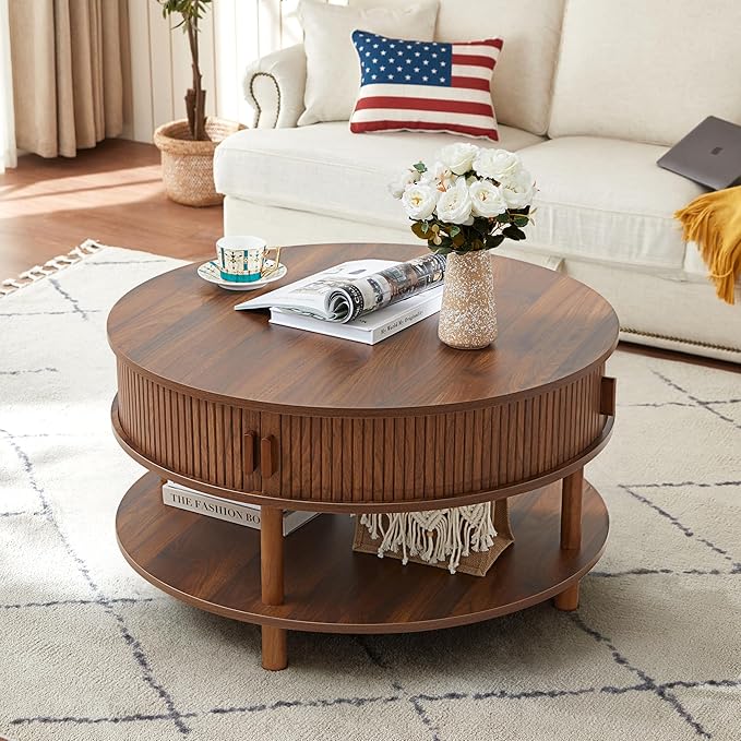 RARZOE 31.5" Round Coffee Table with Storage, Wood Circle Coffee Table with Sliding Cabinet Doors, Fluted Dining Table Accent Center Table for Living Room Home Office Apartment, Walnut