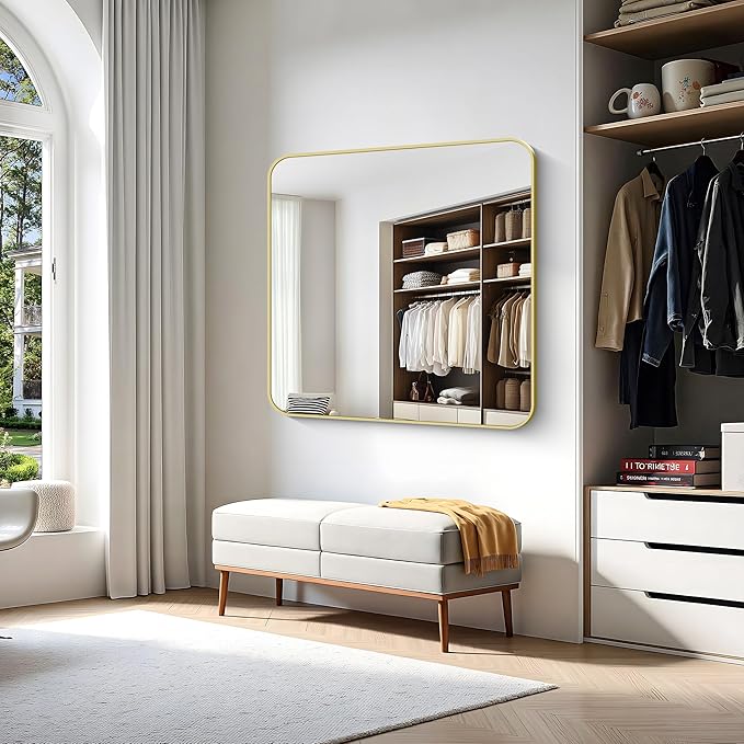 Gold Bathroom Mirror, 42x42 Inch Metal Framed Square Mirror, Rounded Corner Gold Vanity Mirror, Large Wall Mounted Mirrors for Living Room Bedroom Entryway Hangs Horizontal or Vertical