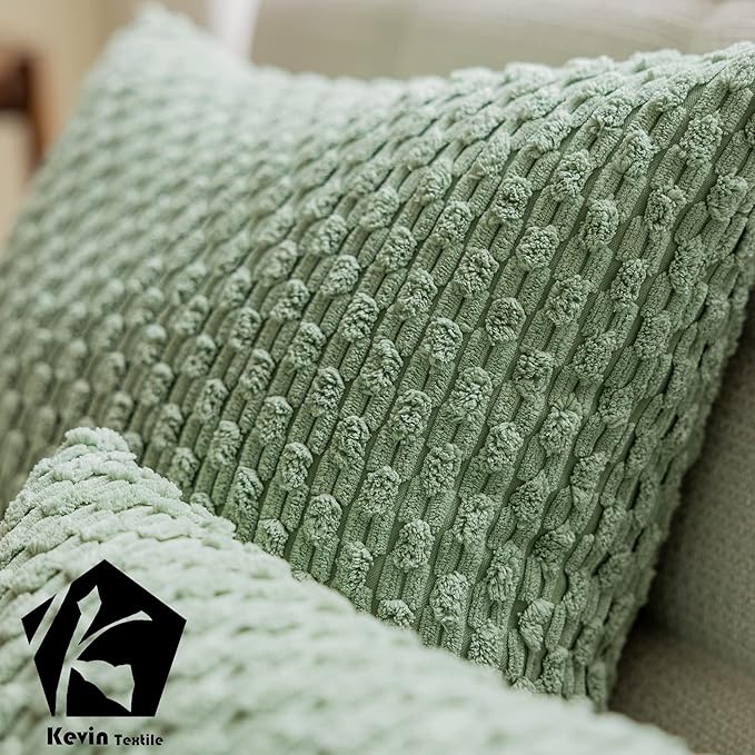 Kevin Textile 2 Packs Lumbar Decorative Throw Pillow Covers 12x20 Inch for Living Room Couch Bed Sofa Spring Soft Striped Corduroy Rectangle Cushion Case 30x50 cm Farmhouse Boho Home Decor Sage Green